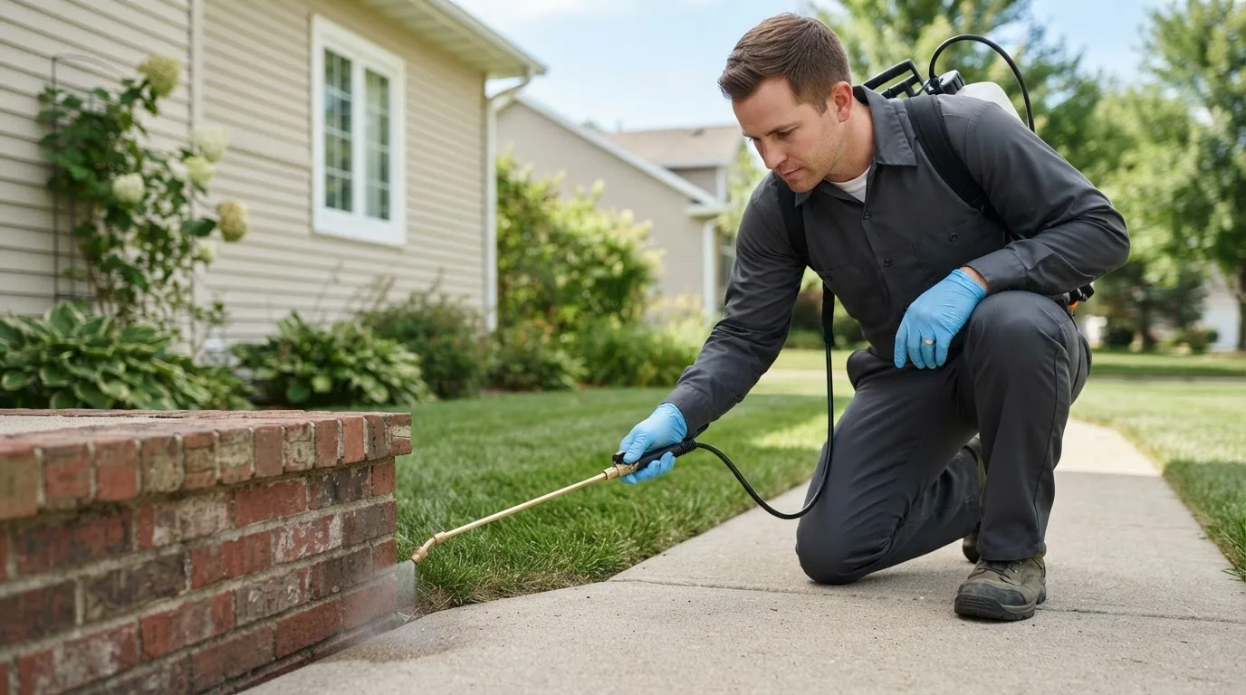 Pest control technician treating a home near Vaughn, MT